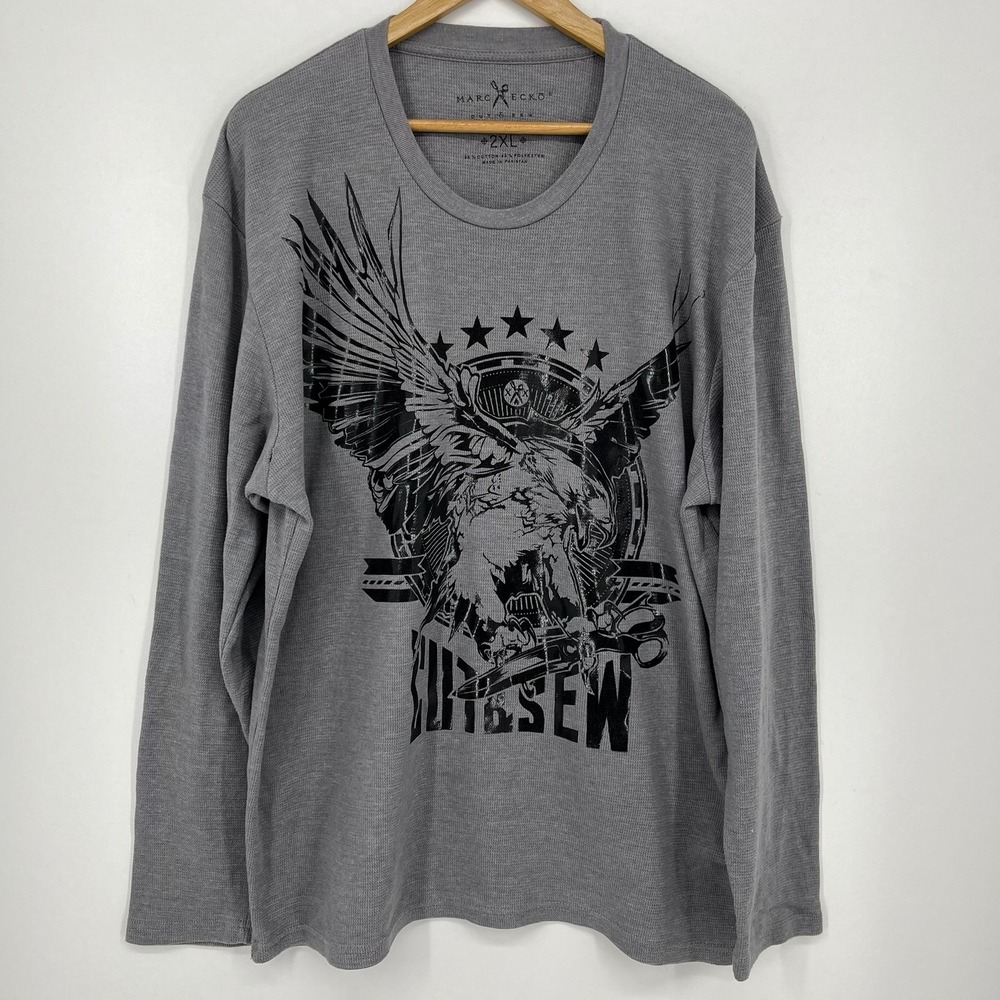 Marc Ecko Cut & Sew Mens 2XL Gray Thermal Long Sleeve Eagle Graphic Shirt Waffle